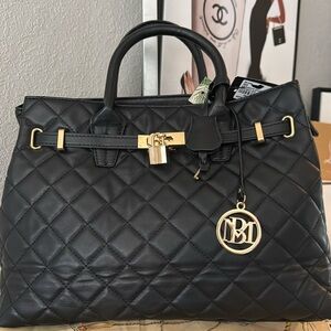 Quilted Black Leather Top-Handle Tote with Gold Hardware